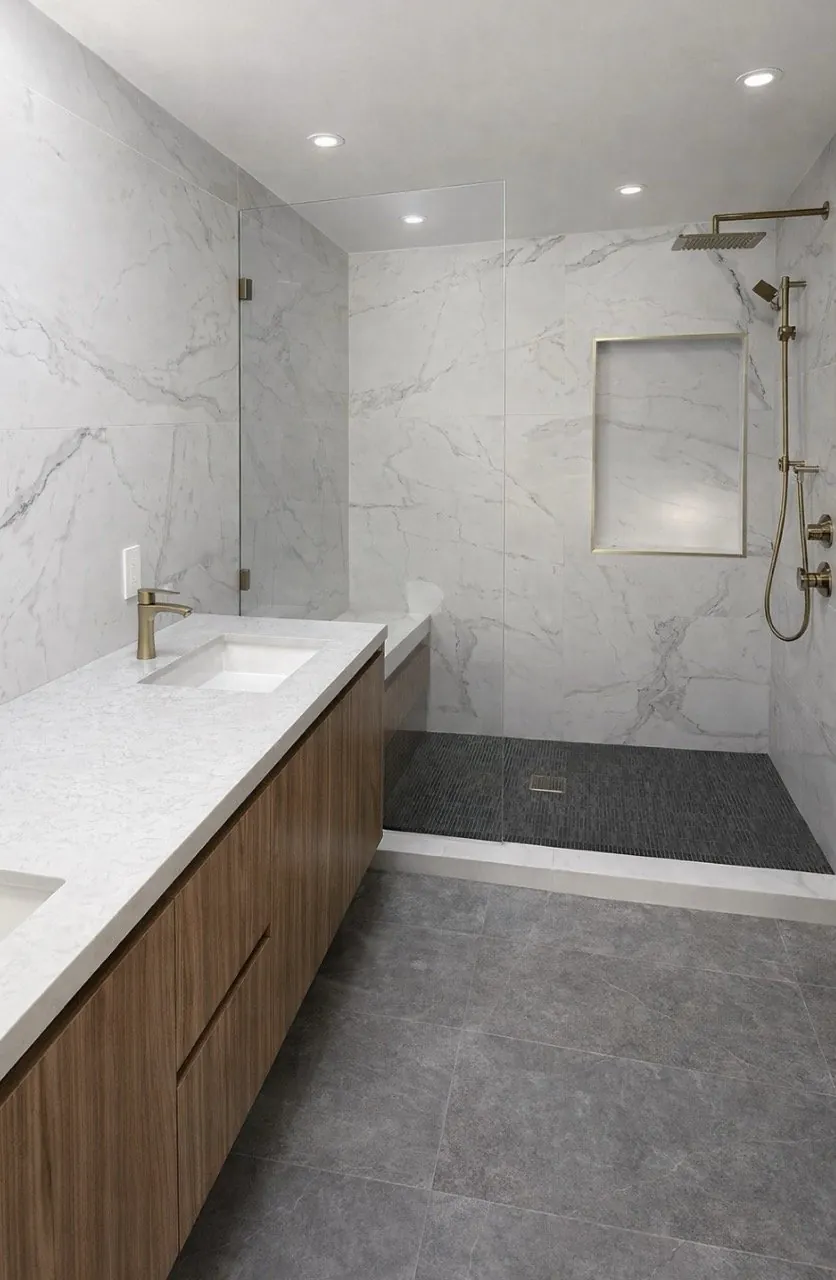 Primary bathroom in marble-look porcelain tile with brass fixtures, remodeled by RDC in Phoenix, AZ