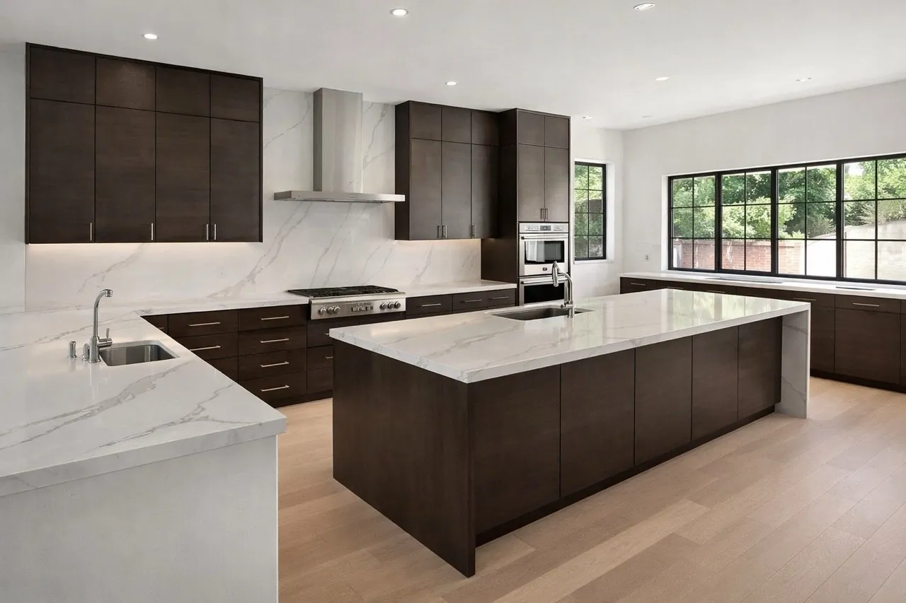 Peoria, AZ kitchen with a white quartz island and countertops over an engineered hardwood floor by RDC