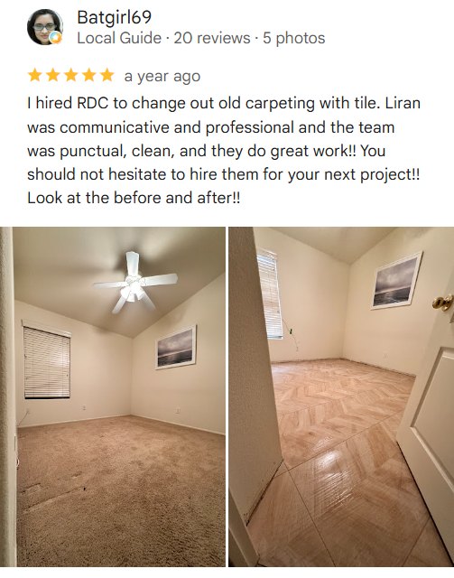 Batgirl69 on RDC carpet to tile flooring in Anthem, AZ: “I hired RDC to change out old carpeting with tile.”