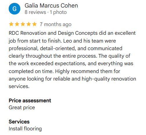 5-star Google review by Galia Marcus Cohen of RDC Renovation & Design Concepts for flooring installation in Phoenix, AZ