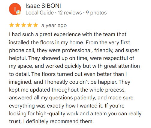 Google review by Isaac SIBONI for RDC home floor installation: “The floors turned out even better than I imagined”