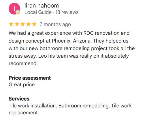 Liran Nahoom, Phoenix, AZ, on RDC: “They helped us with our new bathroom remodeling project took all the stress away.”