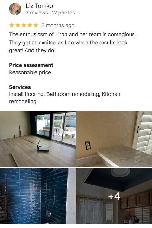 Liz Tomko on RDC flooring and bathroom remodeling in Phoenix, AZ: “The enthusiasm of Liran and her team is contagious.”