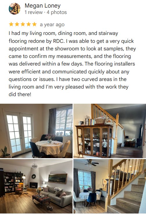 5-star Google review by Megan Loney for RDC living room, dining room and stair flooring in Phoenix, AZ
