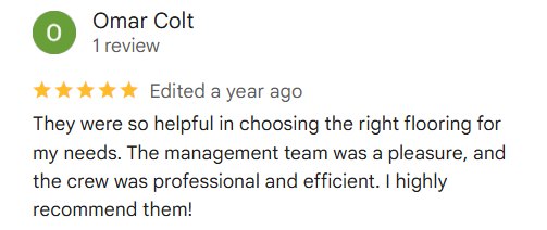 Omar Colt on RDC flooring selection and installation: “They were so helpful in choosing the right flooring for my needs.”