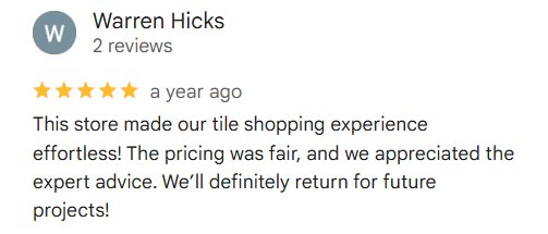 Warren Hicks on RDC tile shopping at the showroom: “This store made our tile shopping experience effortless!”